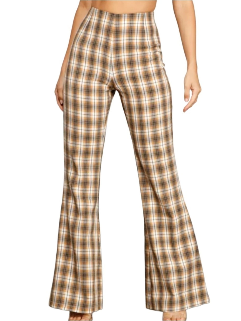 Windsor Womens Tan White Black High Rise Bring The Flare Plaid Pants Size XS